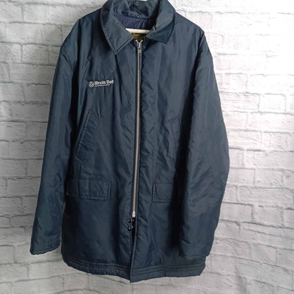 Vintage Timber King Illinois Bell Jacket Mens XL Long Navy Blue Parka Hooded USA